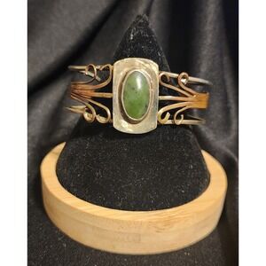 Vintage  Mixed Metal Nephrite Jade Cuff Bracelet Copper Silver Filigree